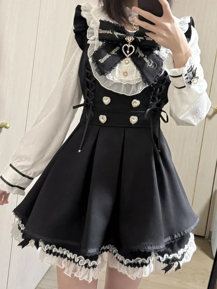 Y2K Gothic Lolita Bow Dress Set – Lace Flare Sleeve Mini Party Outfit
