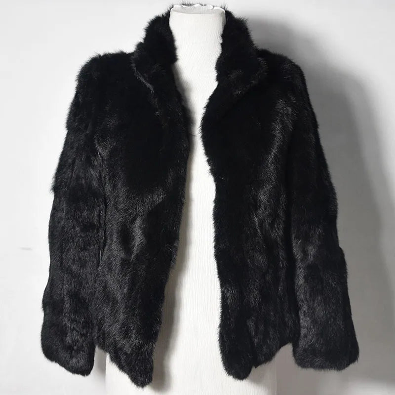 Women’s Black Rabbit Fur & Leather Winter Coat – Elegant Bolero Jacket