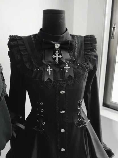 Y2K Gothic Lolita Bow Dress Set – Lace Flare Sleeve Mini Party Outfit