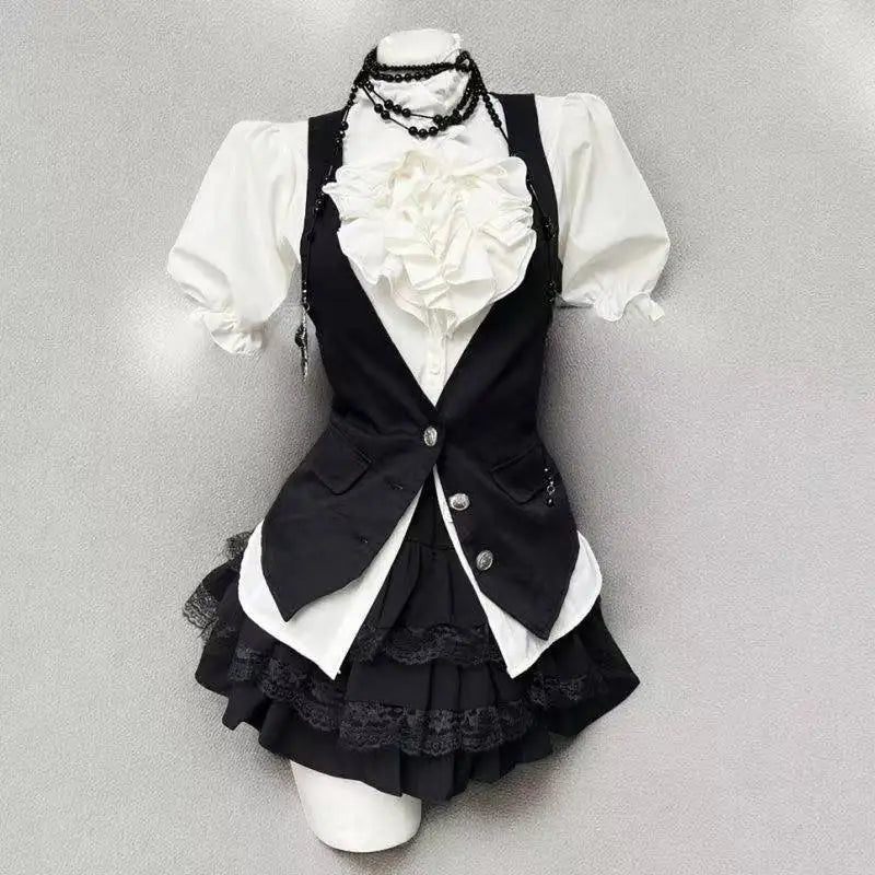 Y2K Gothic Lolita Bow Dress Set – Lace Flare Sleeve Mini Party Outfit