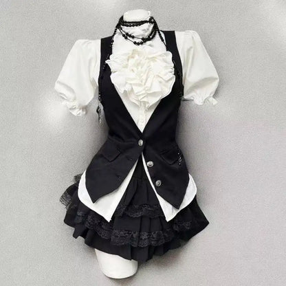 Y2K Gothic Lolita Bow Dress Set – Lace Flare Sleeve Mini Party Outfit