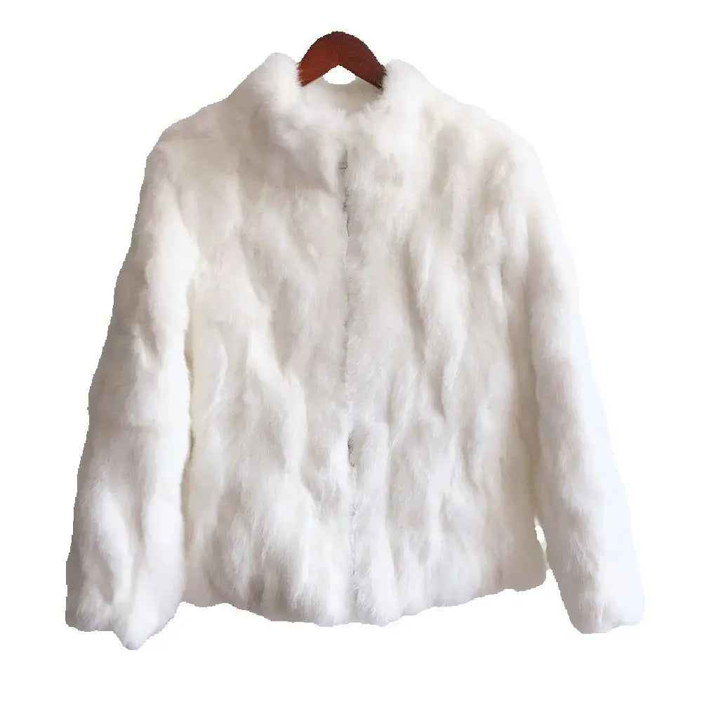 Women’s Black Rabbit Fur & Leather Winter Coat – Elegant Bolero Jacket