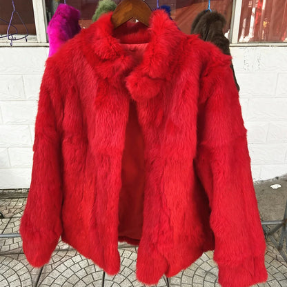 Women’s Black Rabbit Fur & Leather Winter Coat – Elegant Bolero Jacket