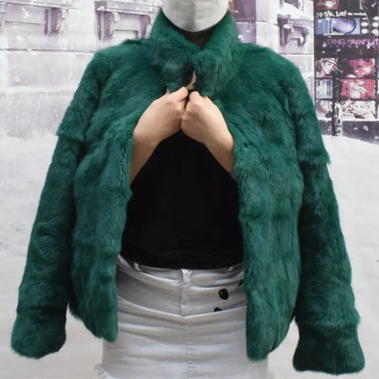 Women’s Black Rabbit Fur & Leather Winter Coat – Elegant Bolero Jacket