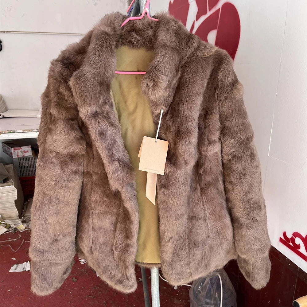 Women’s Black Rabbit Fur & Leather Winter Coat – Elegant Bolero Jacket