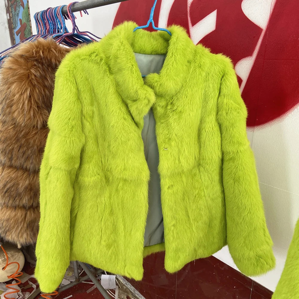 Women’s Black Rabbit Fur & Leather Winter Coat – Elegant Bolero Jacket