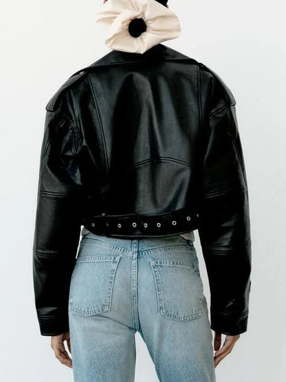 Vintage PU Leather Belted Biker Jacket