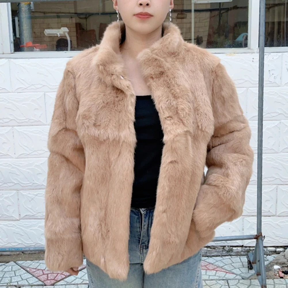 Women’s Black Rabbit Fur & Leather Winter Coat – Elegant Bolero Jacket