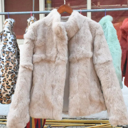 Women’s Black Rabbit Fur & Leather Winter Coat – Elegant Bolero Jacket