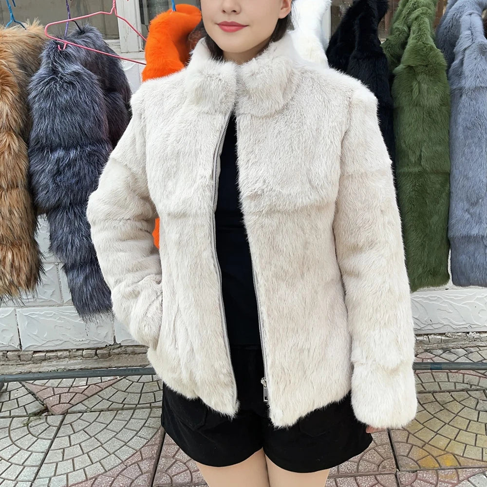 Women’s Black Rabbit Fur & Leather Winter Coat – Elegant Bolero Jacket