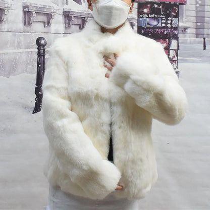 Women’s Black Rabbit Fur & Leather Winter Coat – Elegant Bolero Jacket