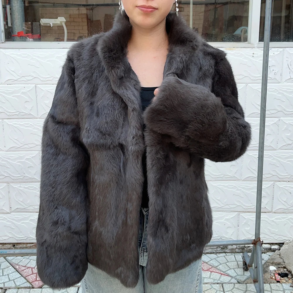 Women’s Black Rabbit Fur & Leather Winter Coat – Elegant Bolero Jacket