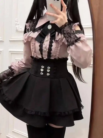 Y2K Gothic Lolita Bow Dress Set – Lace Flare Sleeve Mini Party Outfit