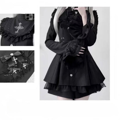Y2K Gothic Lolita Bow Dress Set – Lace Flare Sleeve Mini Party Outfit