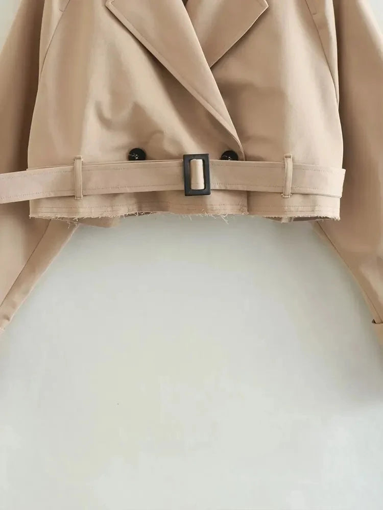 Belted Cropped Trench Jacket – Vintage Streetwear Double Breasted Coat