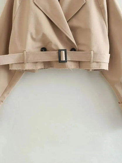 Belted Cropped Trench Jacket – Vintage Streetwear Double Breasted Coat