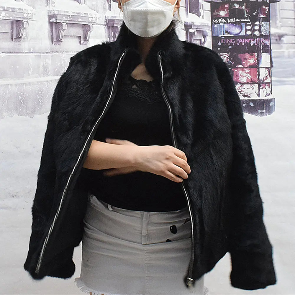 Women’s Black Rabbit Fur & Leather Winter Coat – Elegant Bolero Jacket