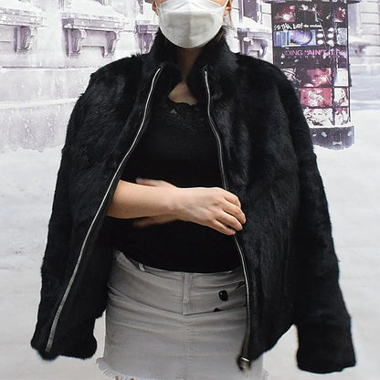 Women’s Black Rabbit Fur & Leather Winter Coat – Elegant Bolero Jacket
