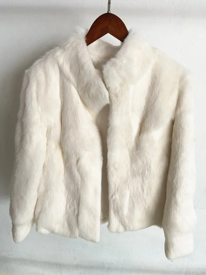 Women’s Black Rabbit Fur & Leather Winter Coat – Elegant Bolero Jacket