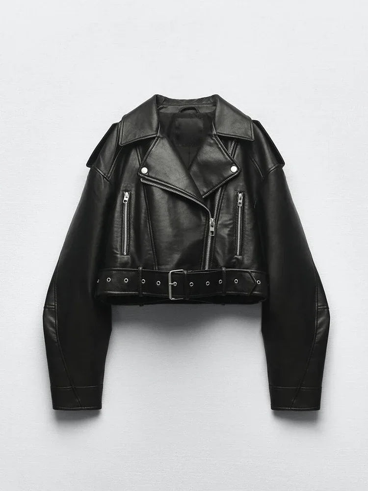 Vintage PU Leather Belted Biker Jacket