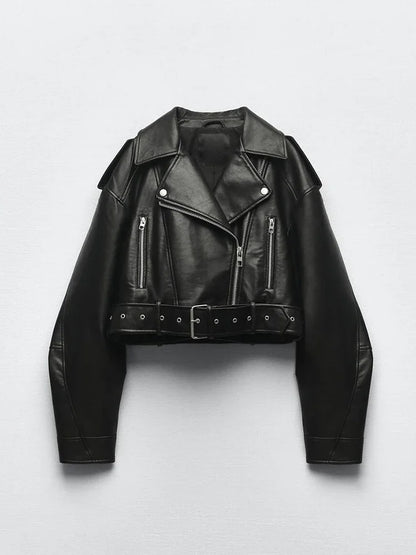 Vintage PU Leather Belted Biker Jacket