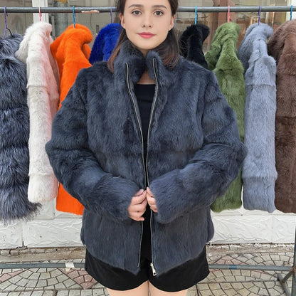 Women’s Black Rabbit Fur & Leather Winter Coat – Elegant Bolero Jacket