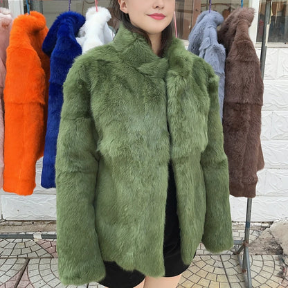 Women’s Black Rabbit Fur & Leather Winter Coat – Elegant Bolero Jacket
