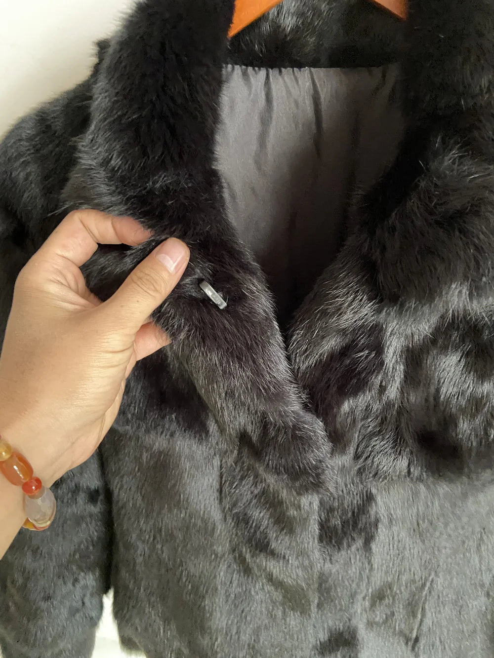 Women’s Black Rabbit Fur & Leather Winter Coat – Elegant Bolero Jacket