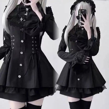 Y2K Gothic Lolita Bow Dress Set – Lace Flare Sleeve Mini Party Outfit