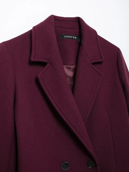 Women's Burgundy Wool Blend Double-Breasted Coat