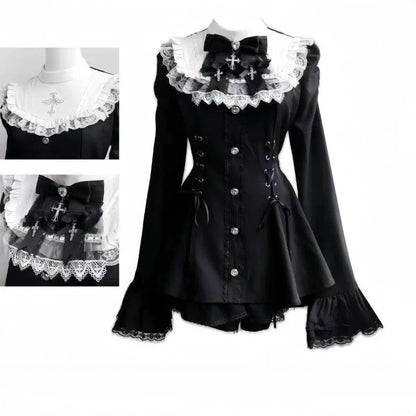Y2K Gothic Lolita Bow Dress Set – Lace Flare Sleeve Mini Party Outfit
