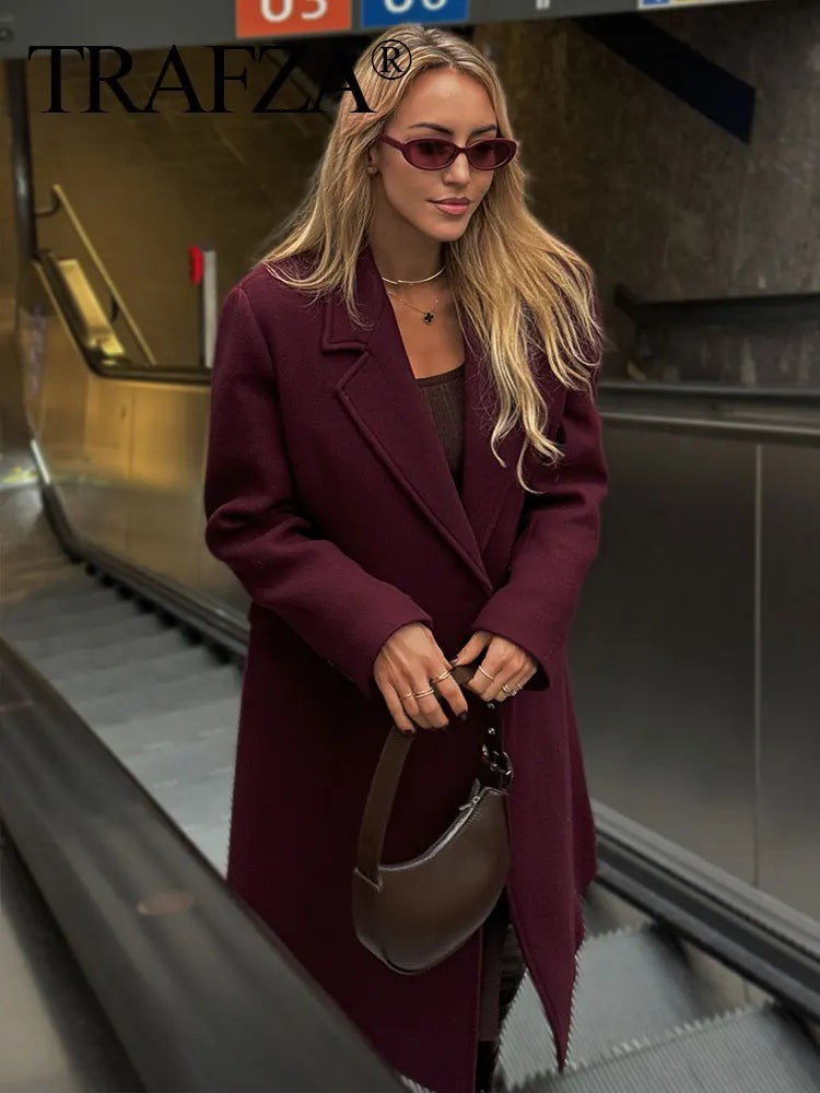 Women's Burgundy Wool Blend Double-Breasted Coat