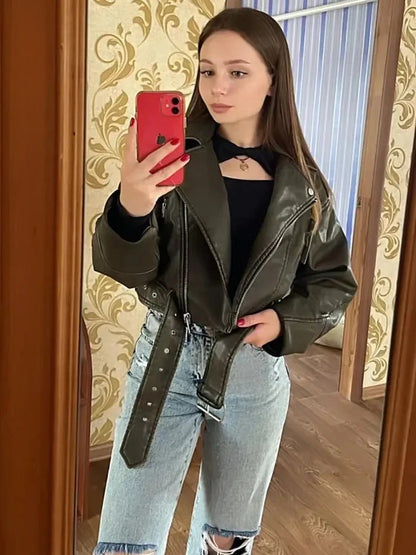 Vintage PU Leather Belted Biker Jacket